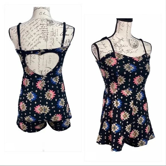 FOREVER 21 BLACK TRIBAL ROMPER WITH HEART CUT OUT BACK *SMALL *EMPIRE WAIST - Picture 1 of 11